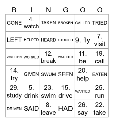 PAST PARTICIPLE VERBS Bingo Card