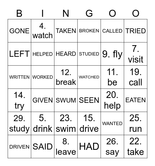 PAST PARTICIPLE VERBS Bingo Card