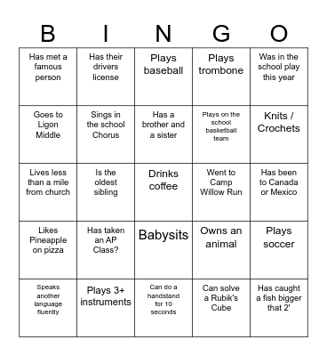 Youth Banquet Bingo Card