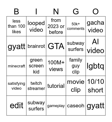 youtube shorts Bingo Card