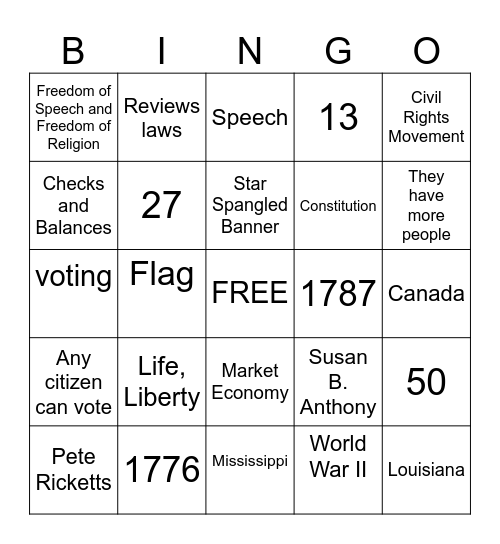 Citizenship Bingo Card