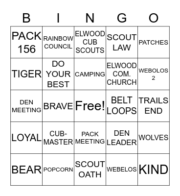 ELWOOD CUB PACK 156 Bingo Card