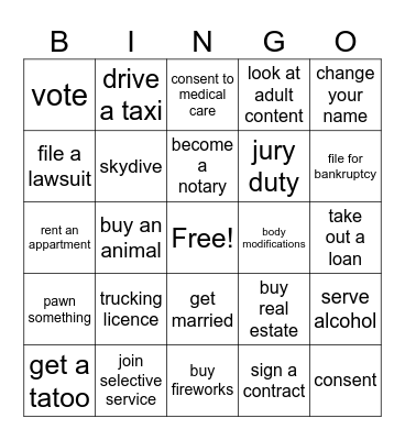 Things You Can Do Once You're 18 Bingo Card