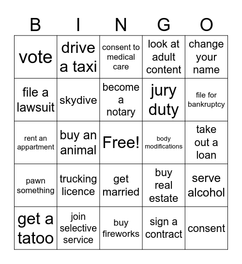 Things You Can Do Once You're 18 Bingo Card
