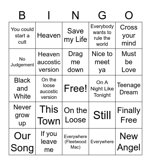 Niall Horan Music Bingo Card