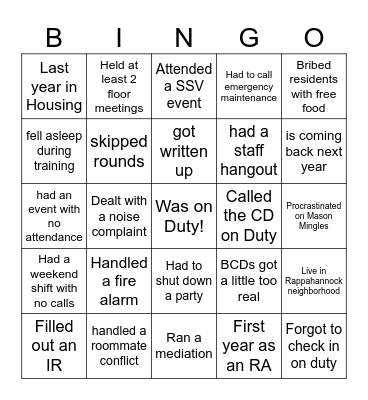 RA Bingo Card