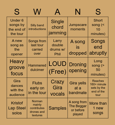 SWANS Birthing Tour Bingo Card