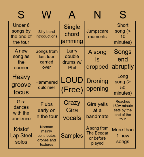 SWANS Birthing Tour Bingo Card