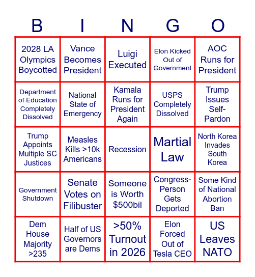 March 2025 - Jan 2029 Political Bingo Card
