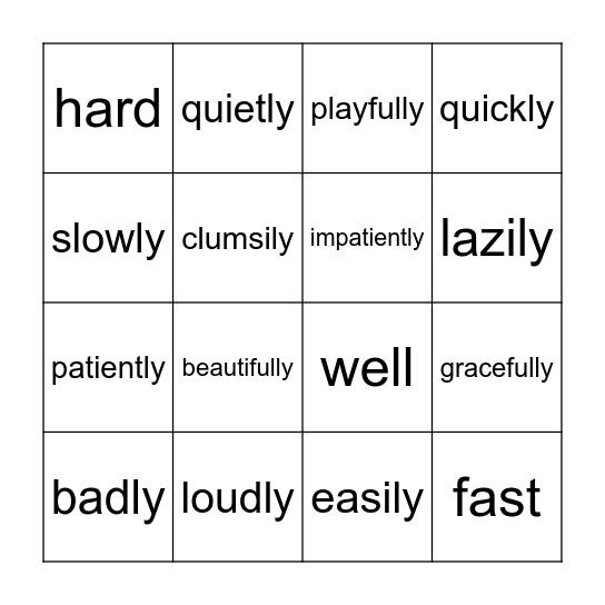 Adverbs Bingo Card