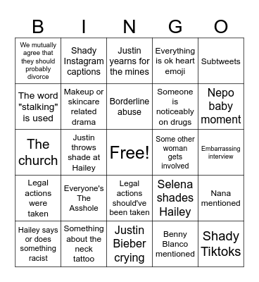 Hailey Bieber Bingo Card