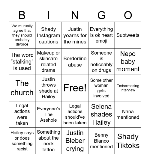 Hailey Bieber Bingo Card