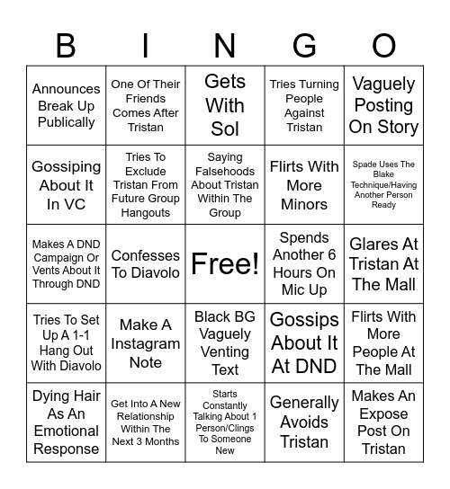 Spade Aftermath Breakup Bingo Card