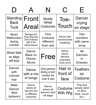 Dance Competition Fun Bingo Card
