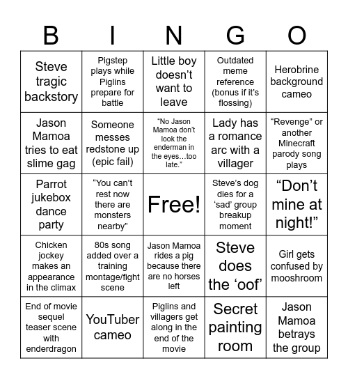 “A Minecraft Movie” Predictions Bingo Card