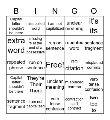 grammar error bingo Card