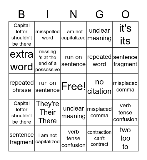 grammar error bingo Card