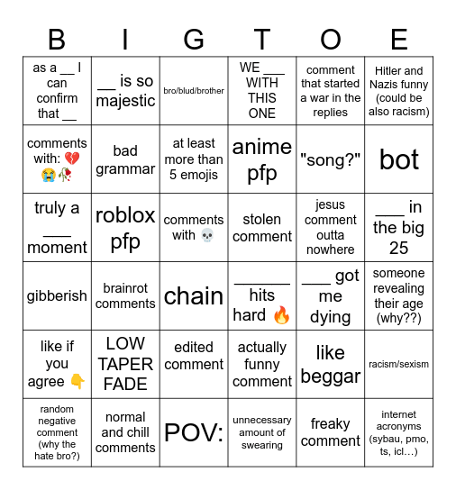 YT Shorts comment bingo Card