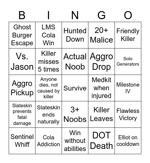 Forsaken Bingo: Noob Bingo Card