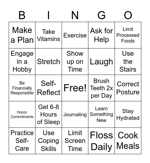 Healthy Habits Bingo Card