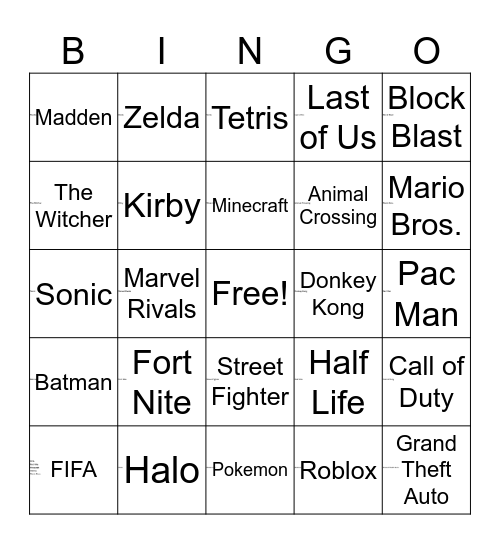 Video Game Bingo Card
