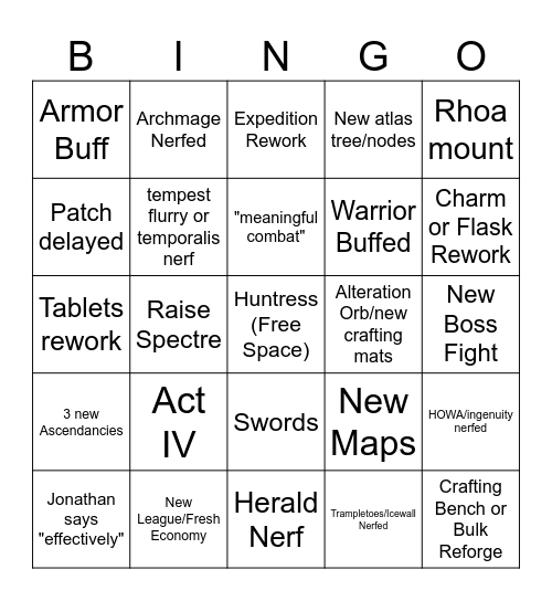 PoE2 Livestream Bingo! Bingo Card