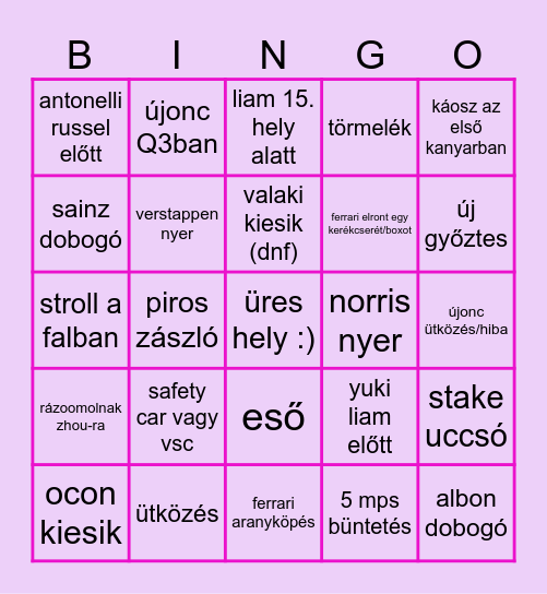 2025 kínai nagydíj Bingo Card