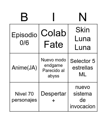 Bingo Epic seven Origins Bingo Card