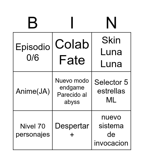 Bingo Epic seven Origins Bingo Card