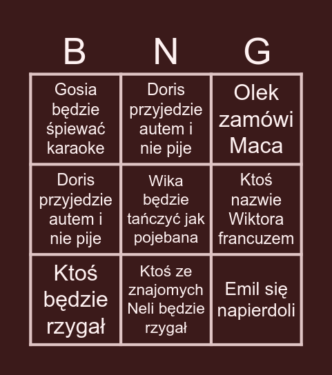 Impreza u Neli Bingo Card