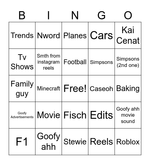 Yt shorts bingo Card