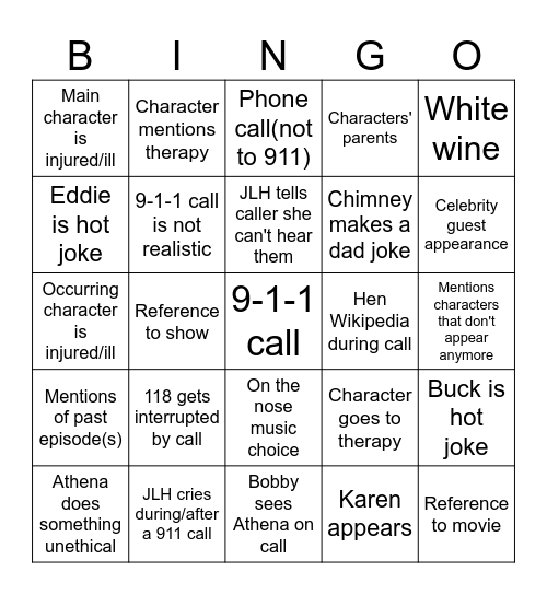 9-1-1 Bingo Card