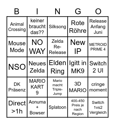 Nintendo Switch 2 Direct Bingo Card