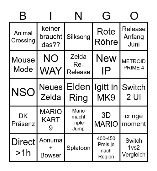Nintendo Switch 2 Direct Bingo Card
