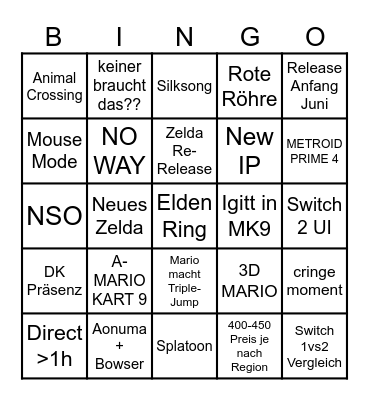 Nintendo Switch 2 Direct Bingo Card
