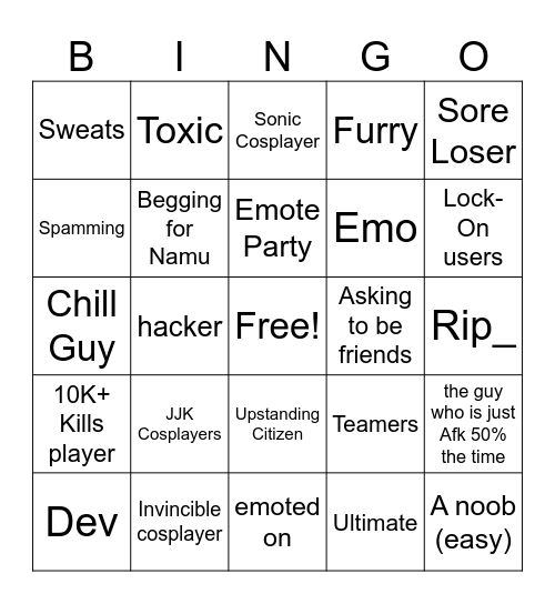 Herobattlegrounds bingo Card Bingo Card