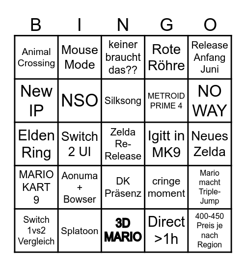 Nintendo Switch 2 Direct Bingo Card