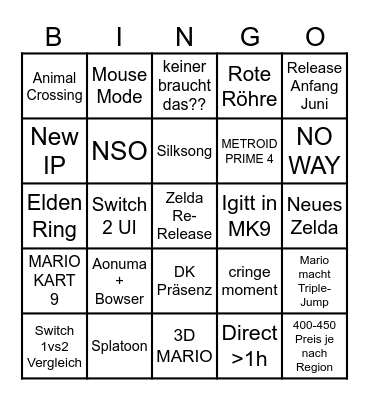 Nintendo Switch 2 Direct Bingo Card