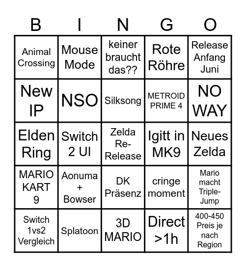 Nintendo Switch 2 Direct Bingo Card