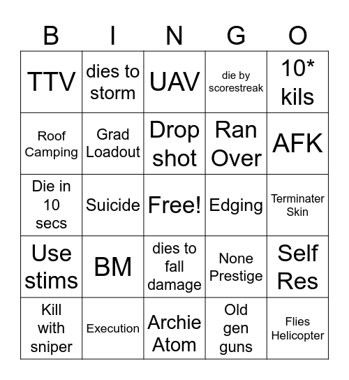 Warzone Bingo Card