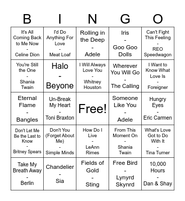 Power Ballads Bingo Card