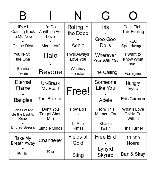 Power Ballads Bingo Card