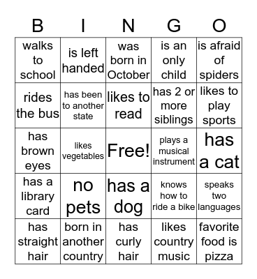 Get to know you bingo Card