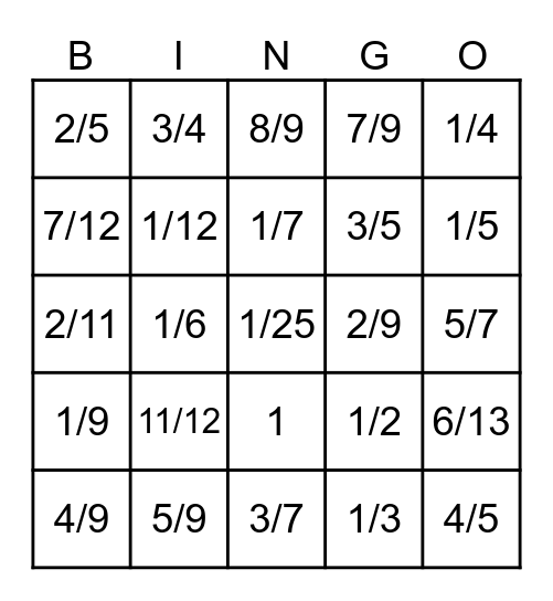 Equivalent Fractions Bingo Card