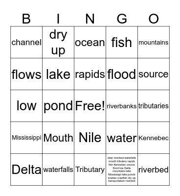 Lakes ,Rivers, Ponds Bingo Card