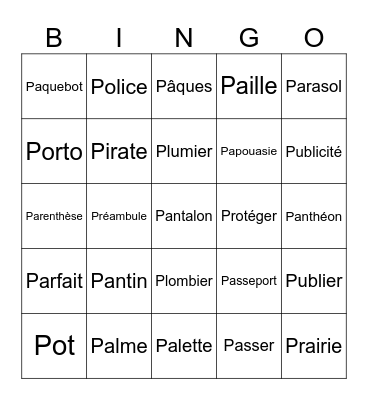 Bingo des mots en /p/ Bingo Card