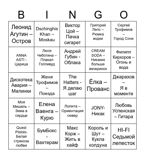 МУЗЫКАЛЬНОЕ Bingo Card