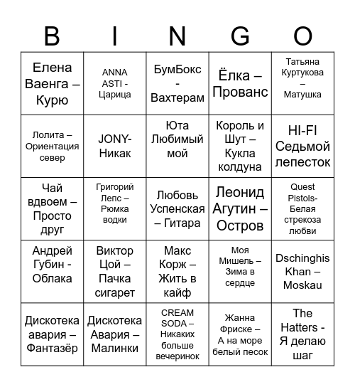 МУЗЫКАЛЬНОЕ Bingo Card