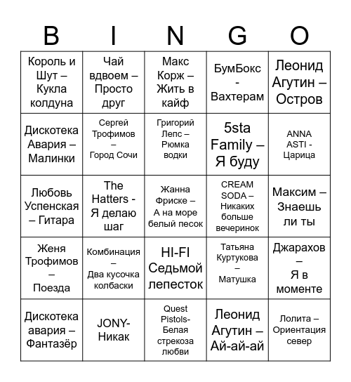 МУЗЫКАЛЬНОЕ Bingo Card