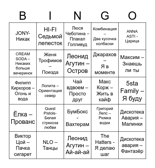 МУЗЫКАЛЬНОЕ Bingo Card